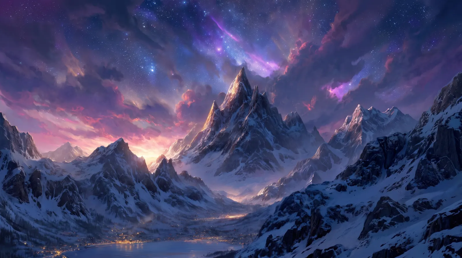 Snow-covered mountains beneath a violet evening sky