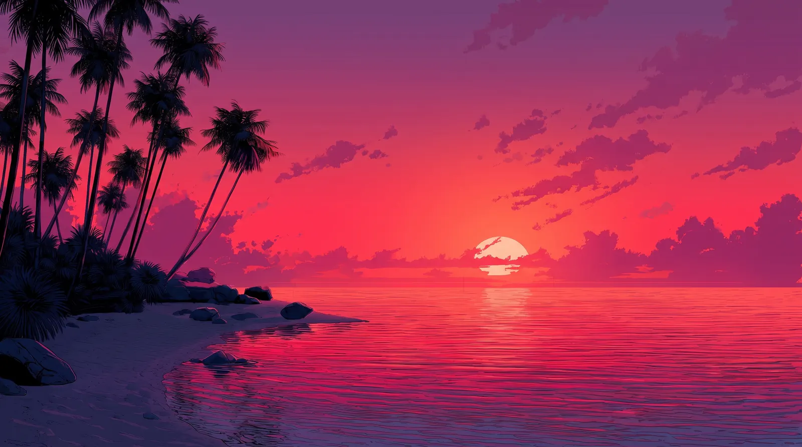 A quiet tropical shoreline at a rose-coloured sunset
