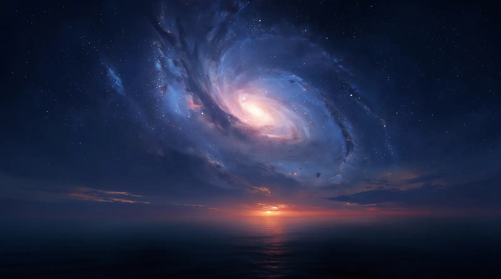 A luminous galaxy rising above a dark ocean horizon