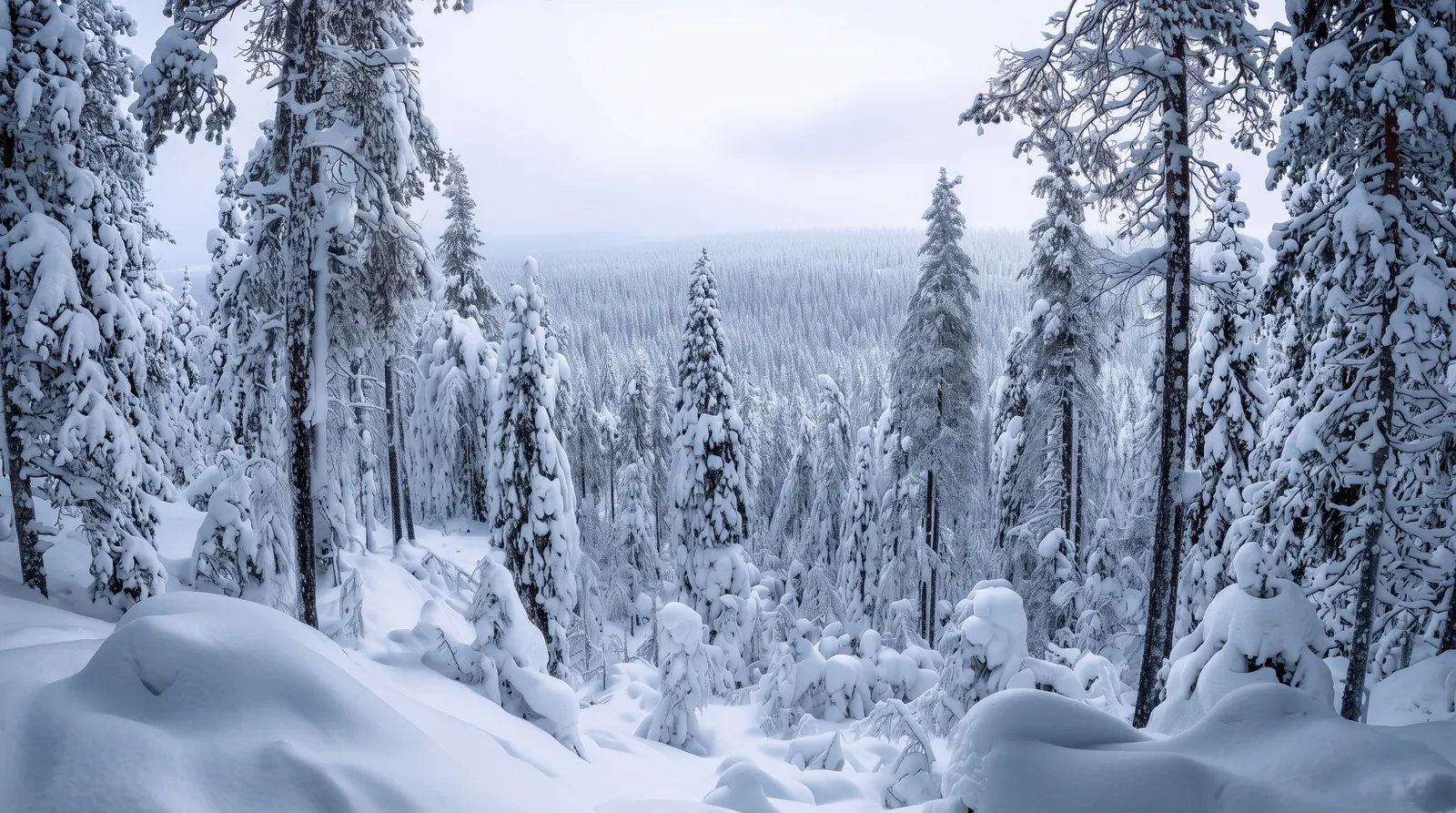 A still forest covered in fresh snow