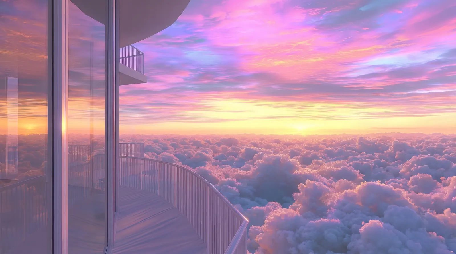 An open balcony above clouds filled with sunrise colour