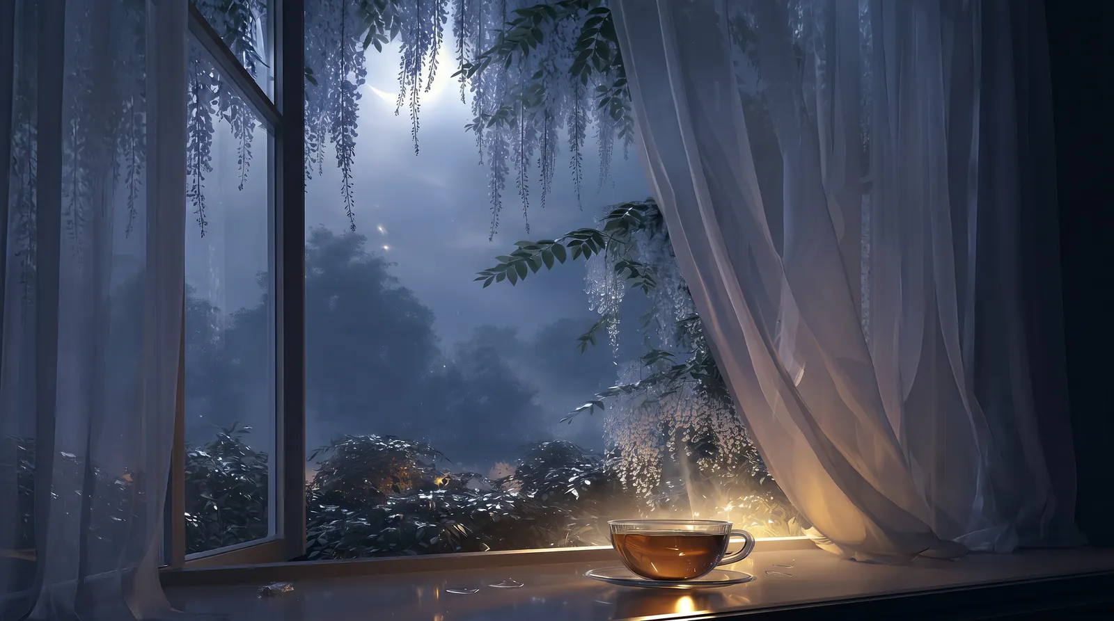 A warm cup beside an open window in blue evening light