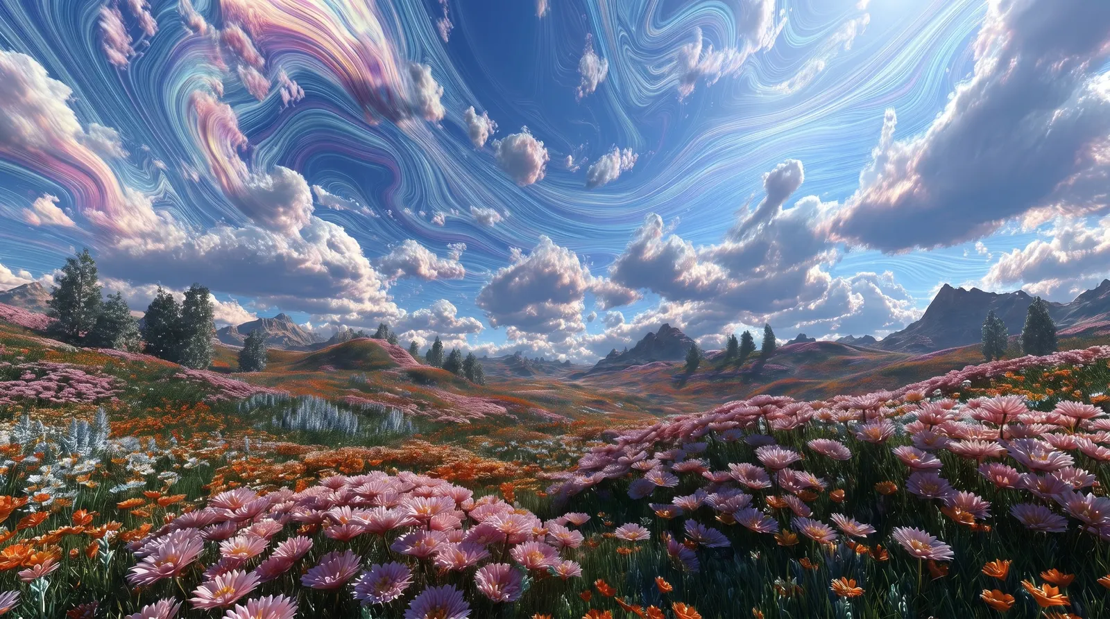 Wildflowers beneath a bright, swirling sky