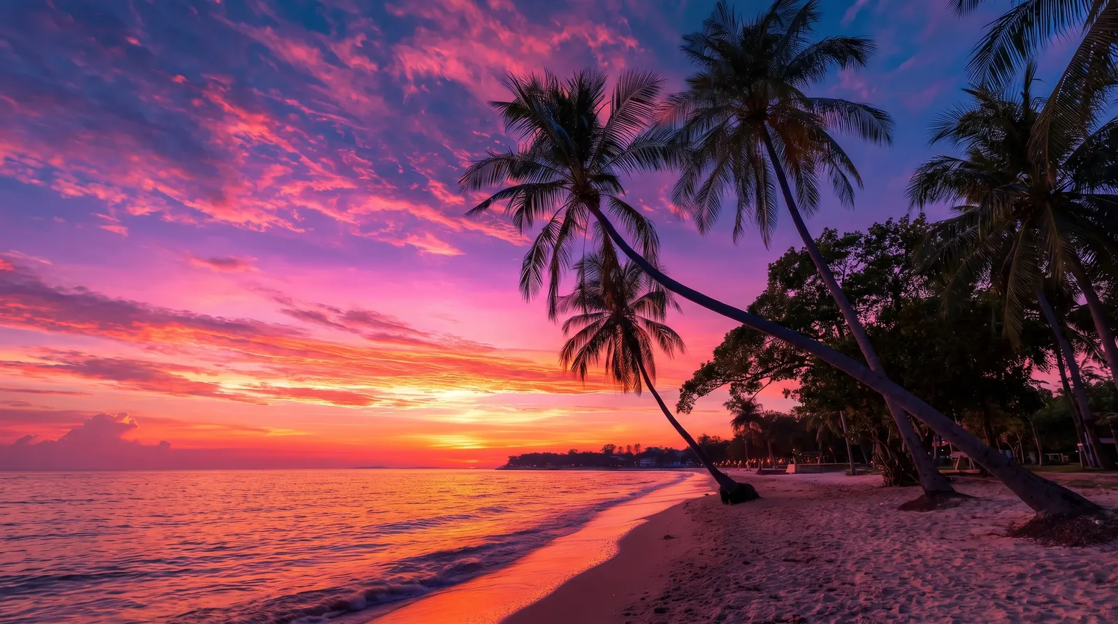 Palm trees silhouetted against a vivid tropical sunset