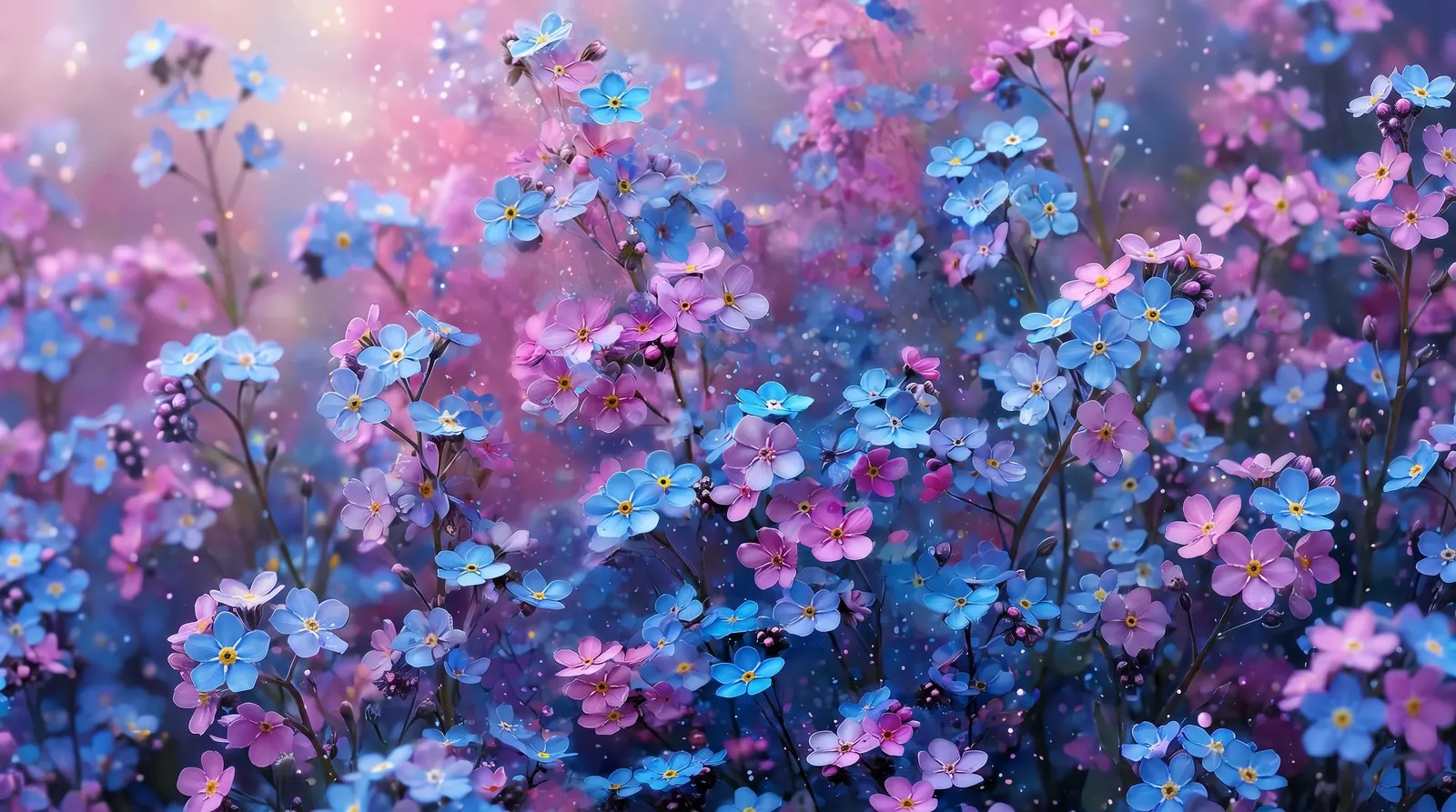 Blue and pink blossoms glowing in soft light