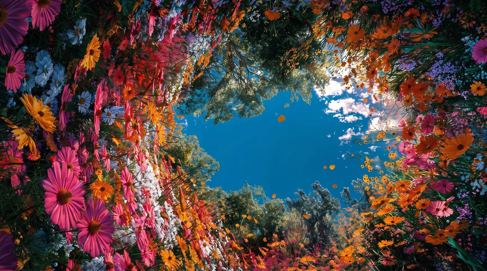 A circle of flowers and autumn leaves opening to blue sky