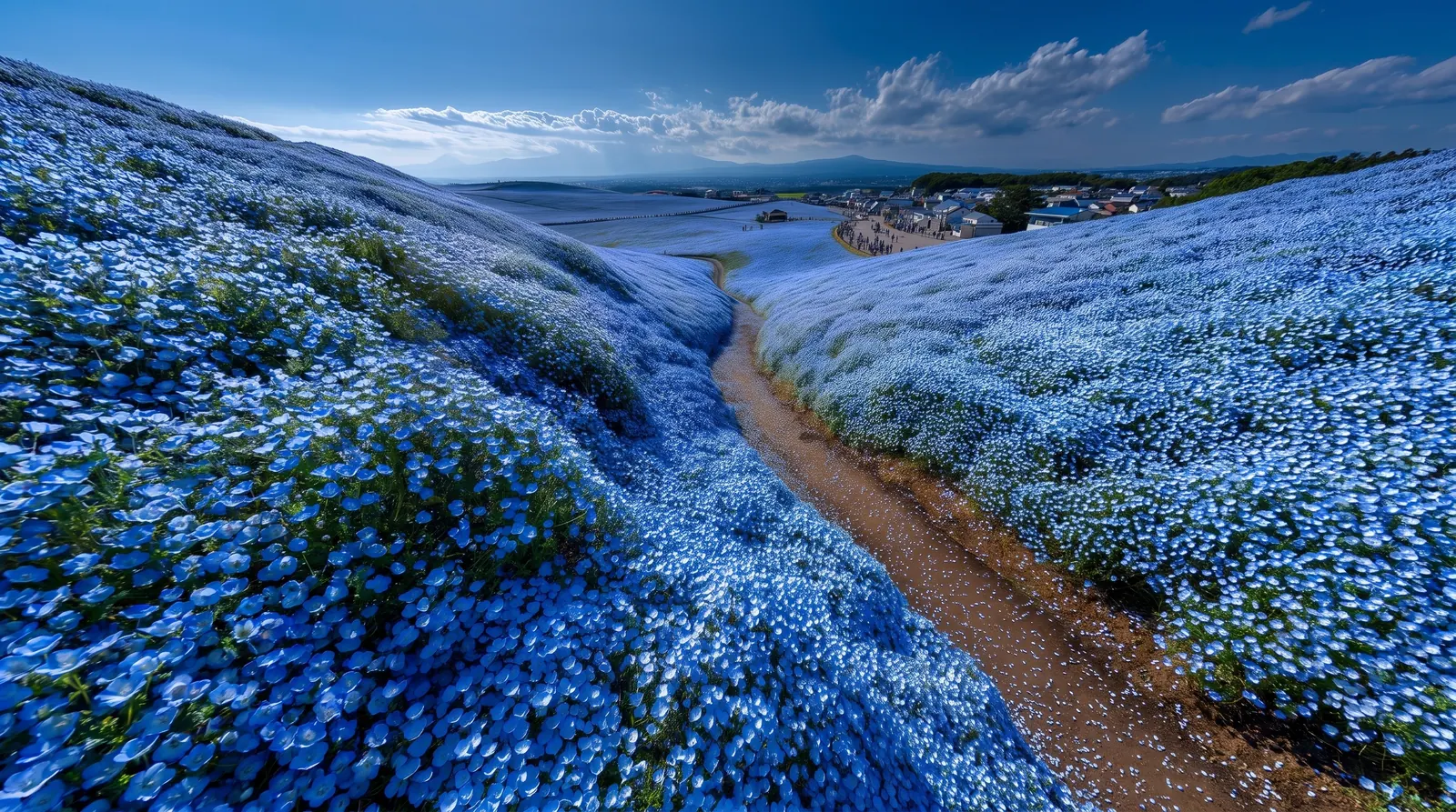 A path winding through a field of tiny blue flowers