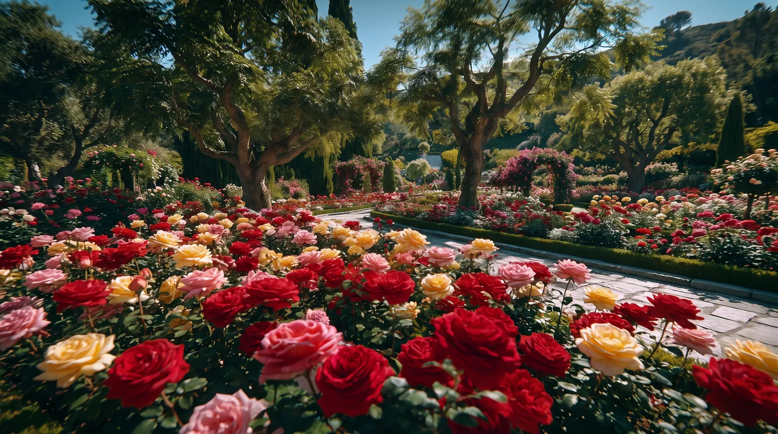 A sunlit garden filled with red, gold and white flowers