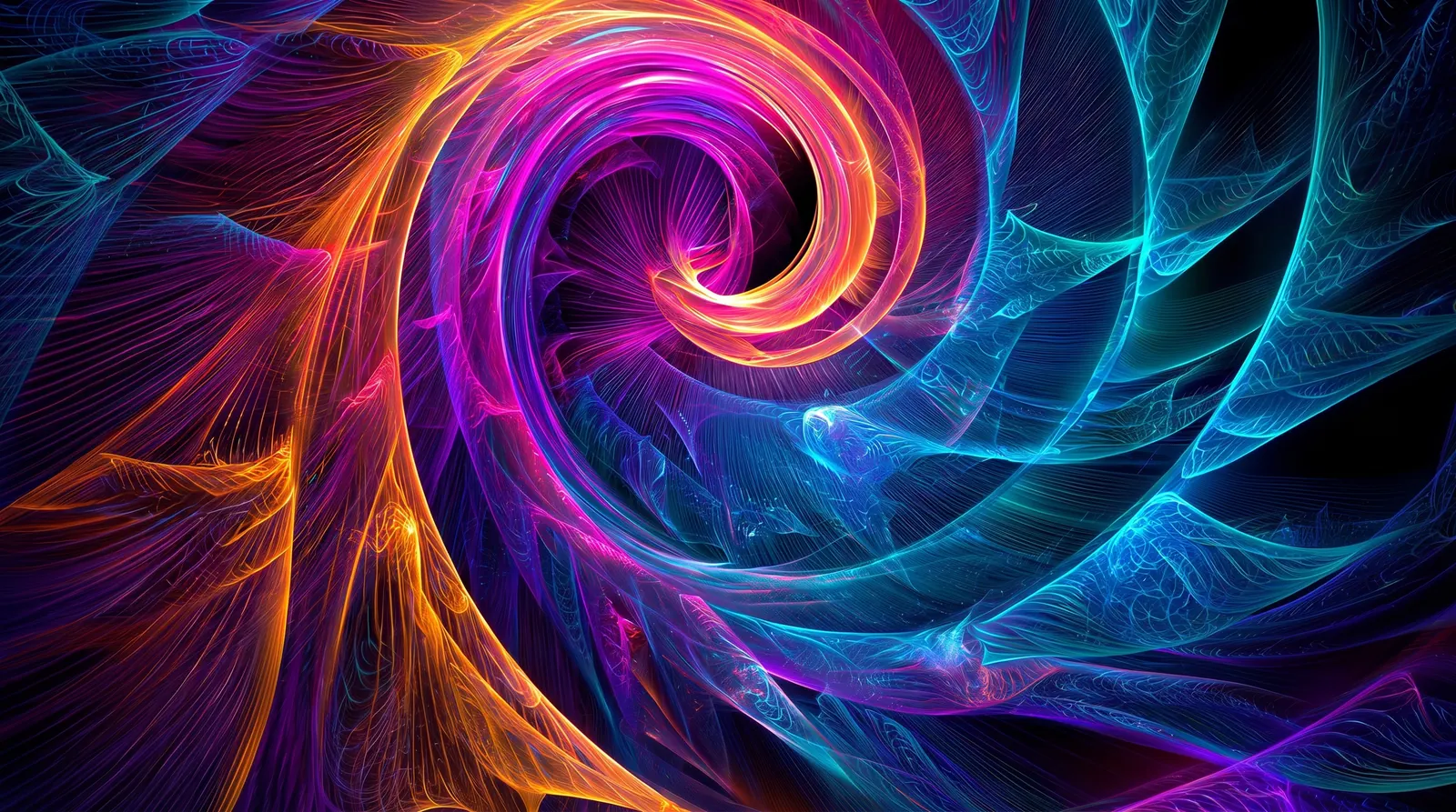 Neon cyan, magenta and gold forms spiralling through darkness