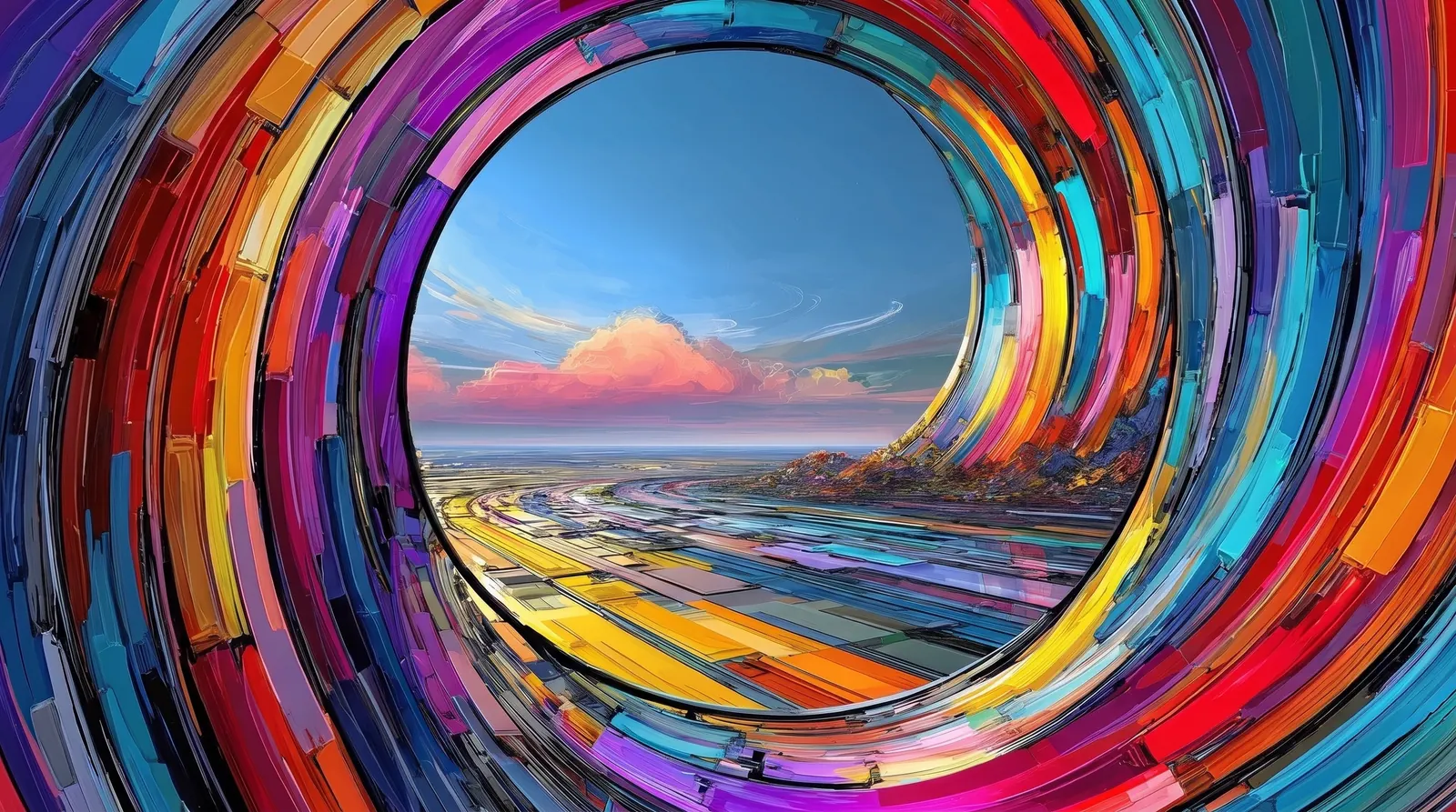 A colourful circular portal opening toward a bright coast