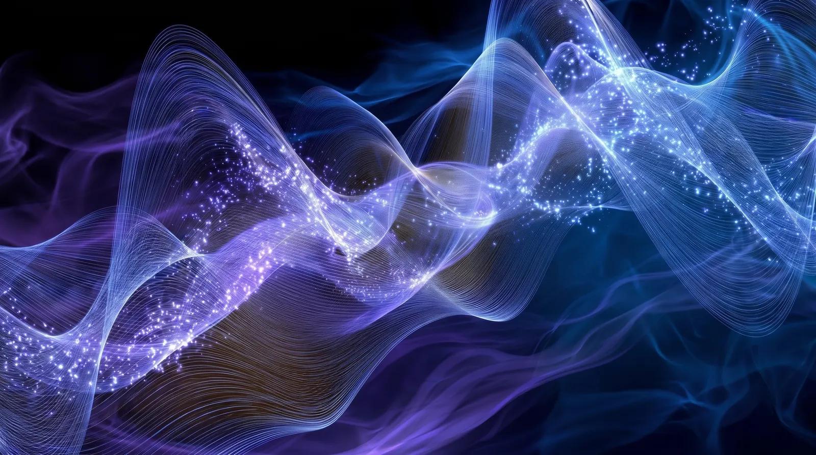 Luminous blue and violet waves moving through dark space