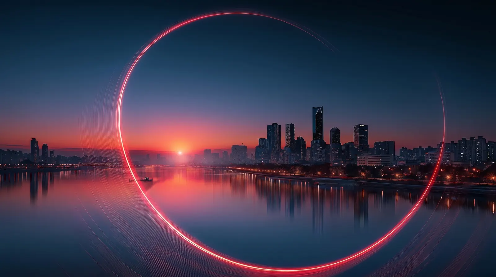 A city skyline at sunset framed by a glowing red circle