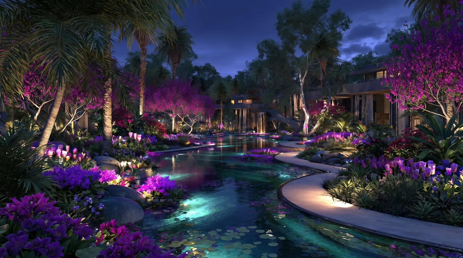 A moonlit garden and pool glowing in blue and gold