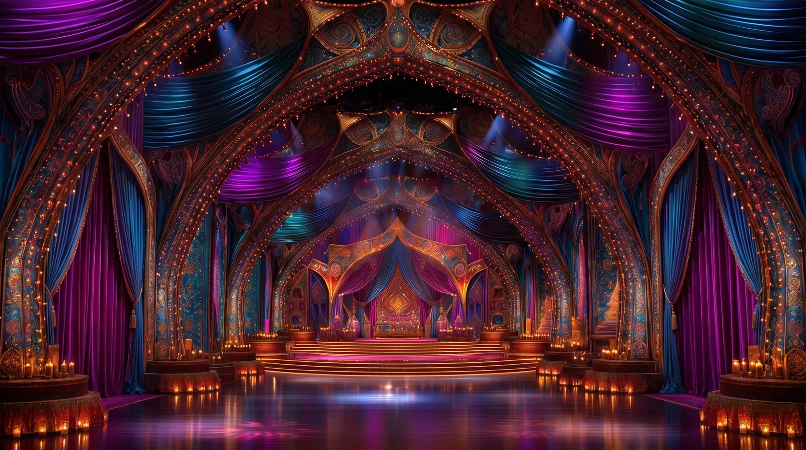 A grand violet and blue hall lit by warm chandeliers