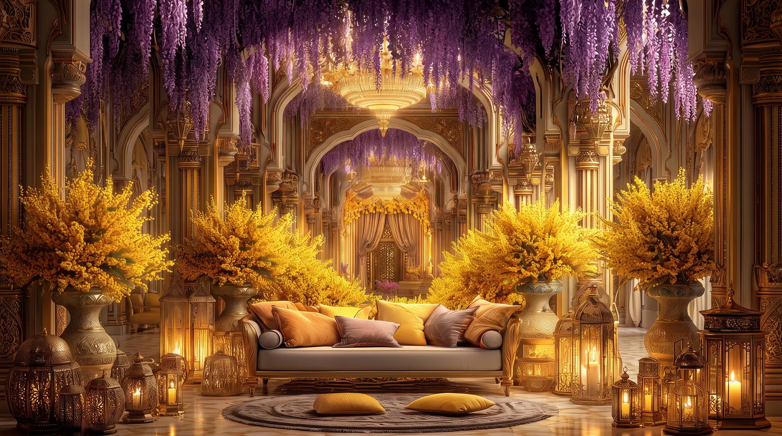 A golden lounge beneath a canopy of purple flowers