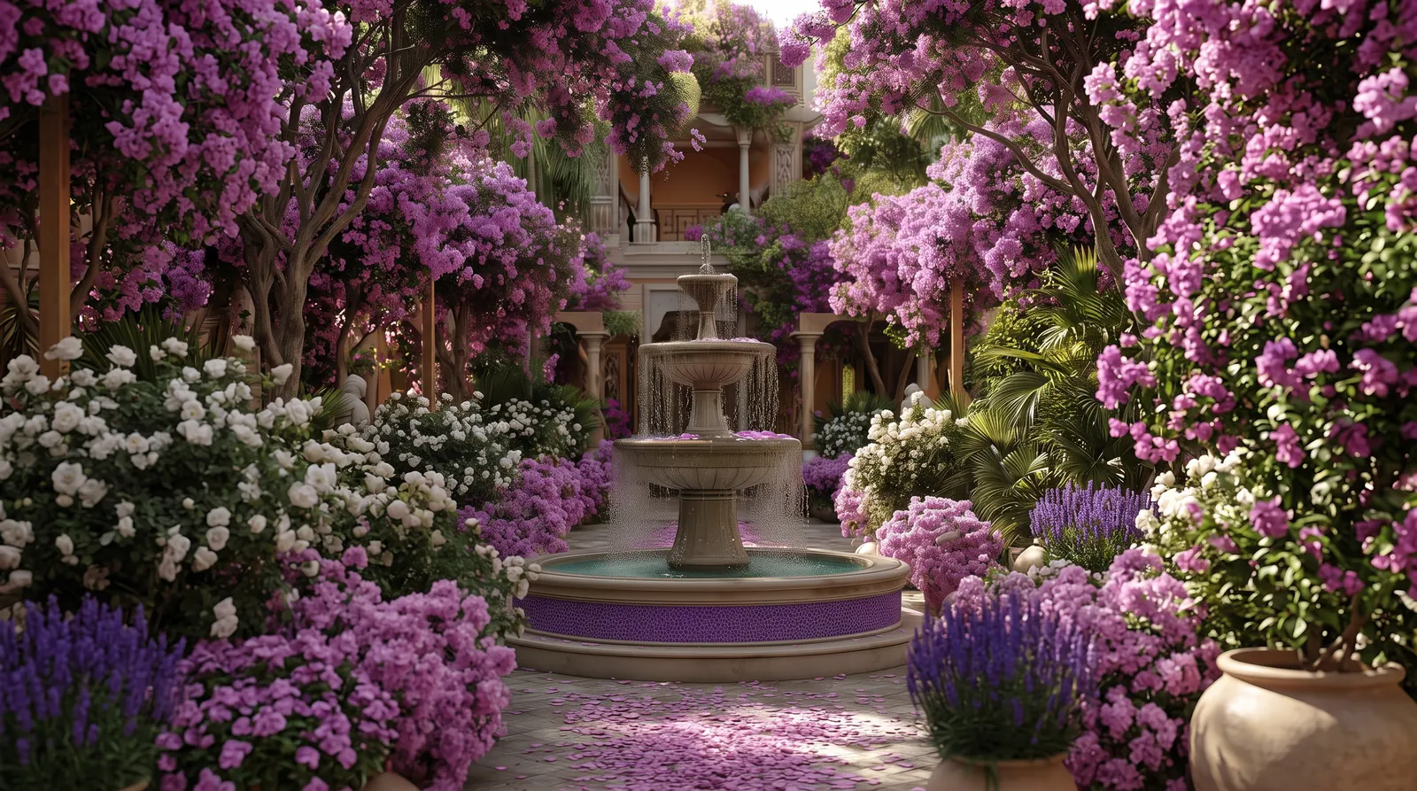 A pale garden courtyard with a fountain among lavender flowers
