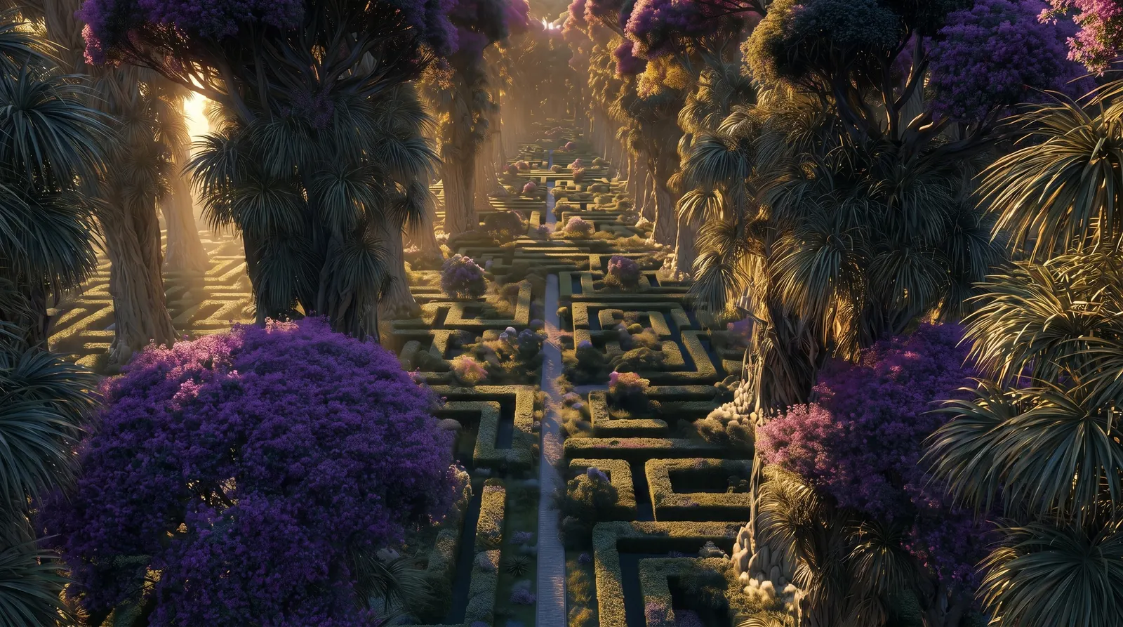 A luminous path winding through a lush tropical garden