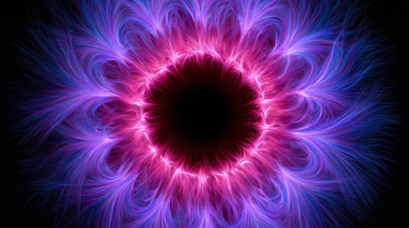 A luminous violet and pink iris-like form opening into darkness