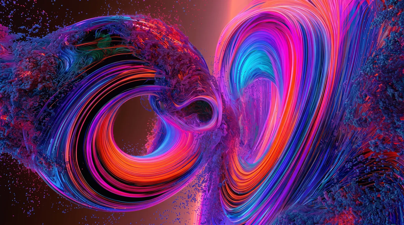 Two vibrant abstract forms curving toward one another