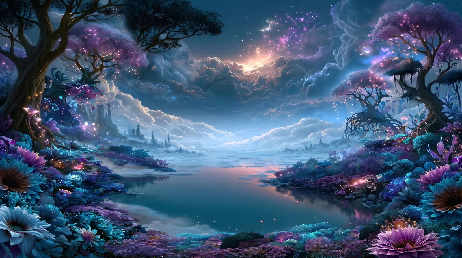A moonlit blue garden opening toward a calm horizon