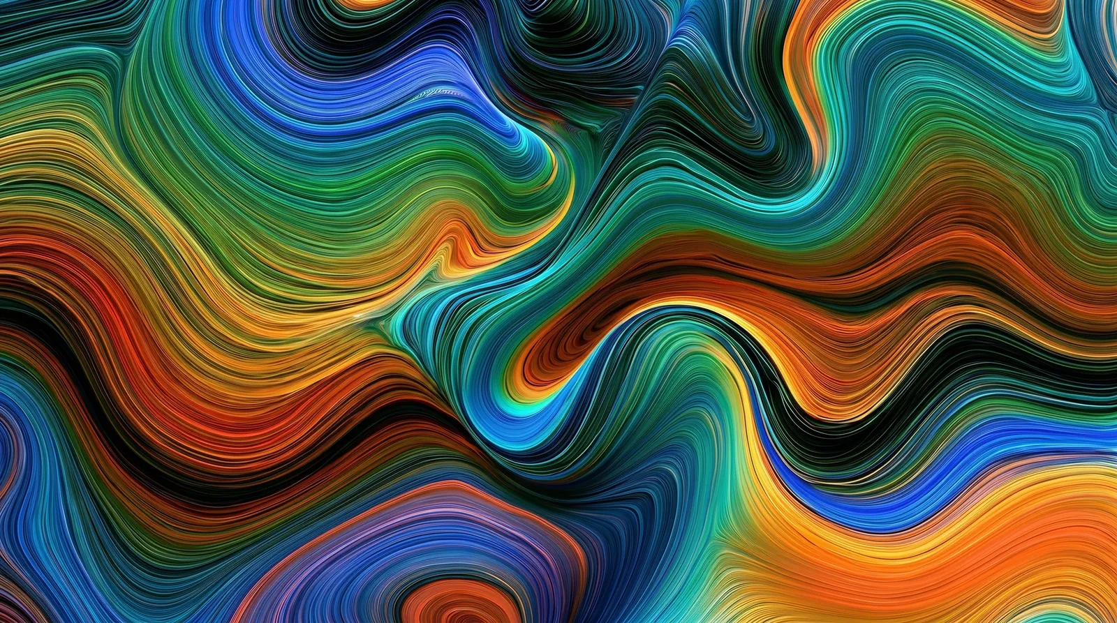 Interwoven ribbons of green, blue, orange and gold
