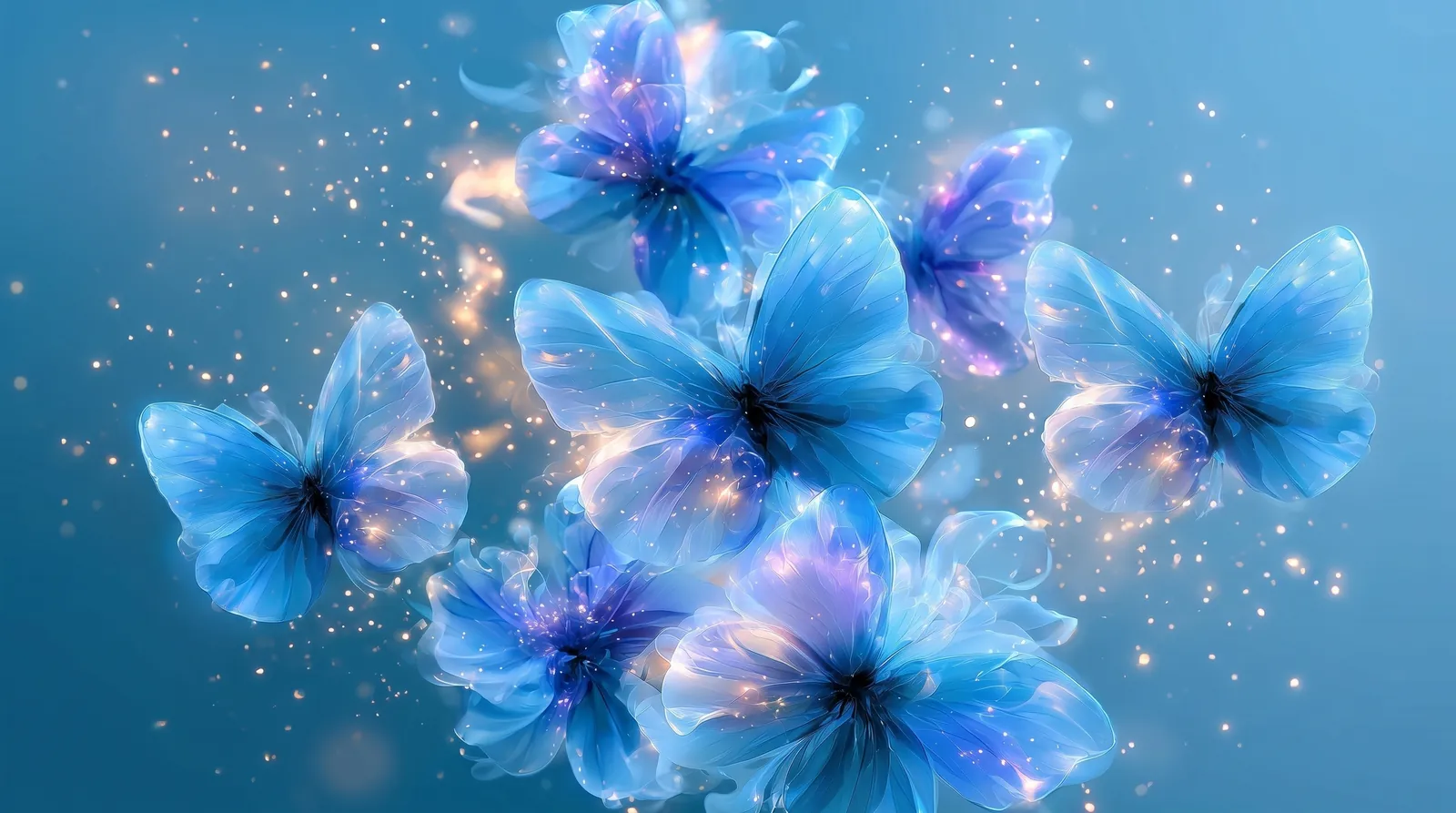 Translucent blue butterflies glowing against soft light