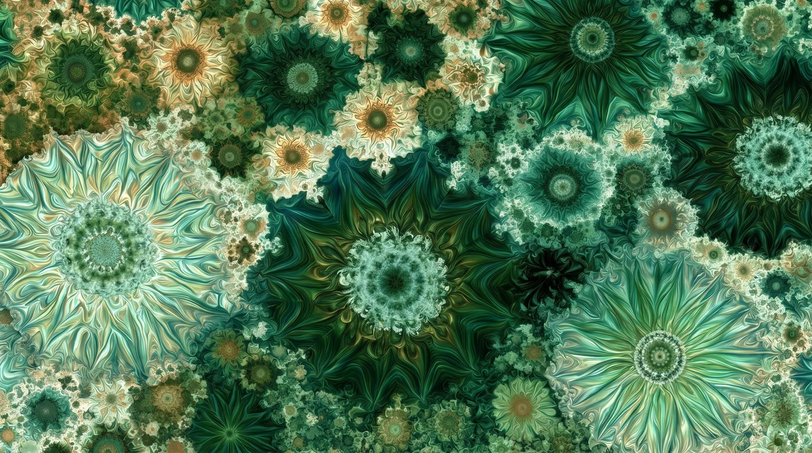 Green and gold botanical forms growing together in a luminous pattern