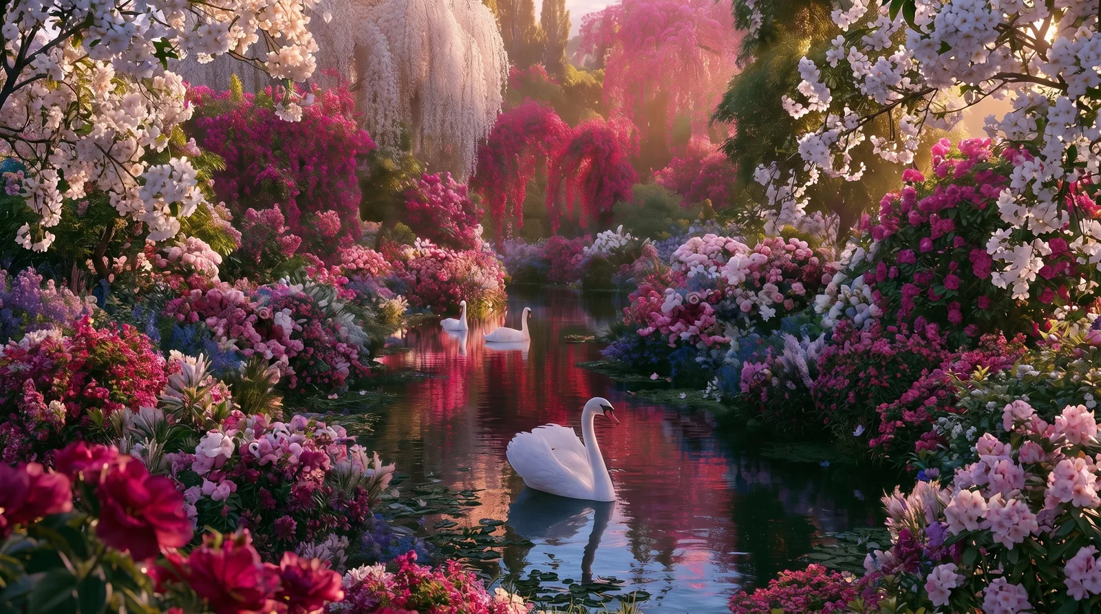 Two white swans meeting across the reflection of a flowering garden