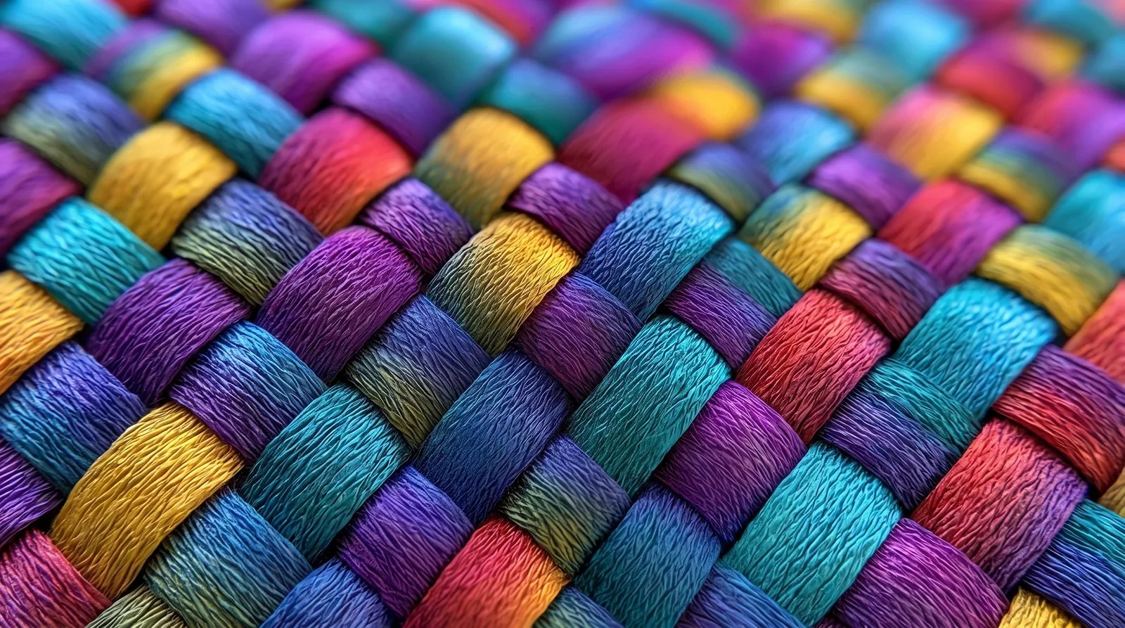 Teal, violet and gold fibers interlacing while each strand remains distinct