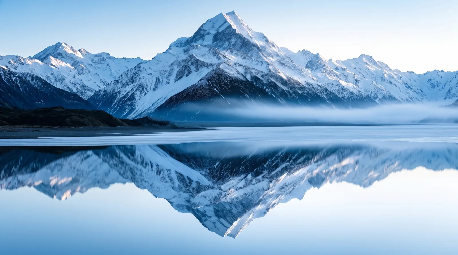 A snow-covered mountain and its reflection forming one image across still water