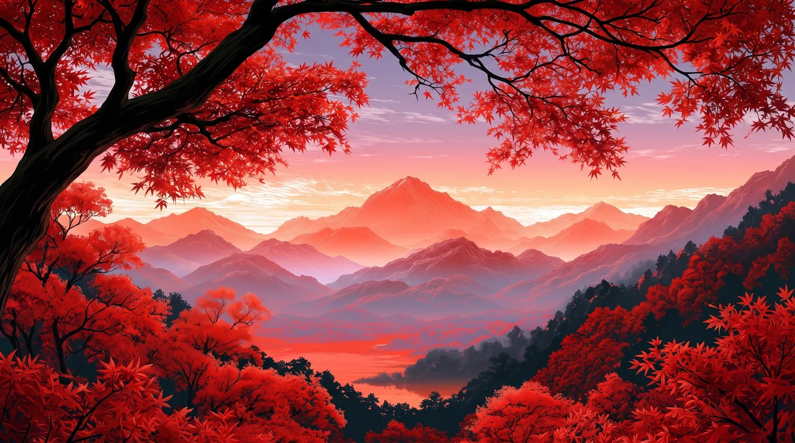 Two red autumn trees holding a glowing mountain horizon between them