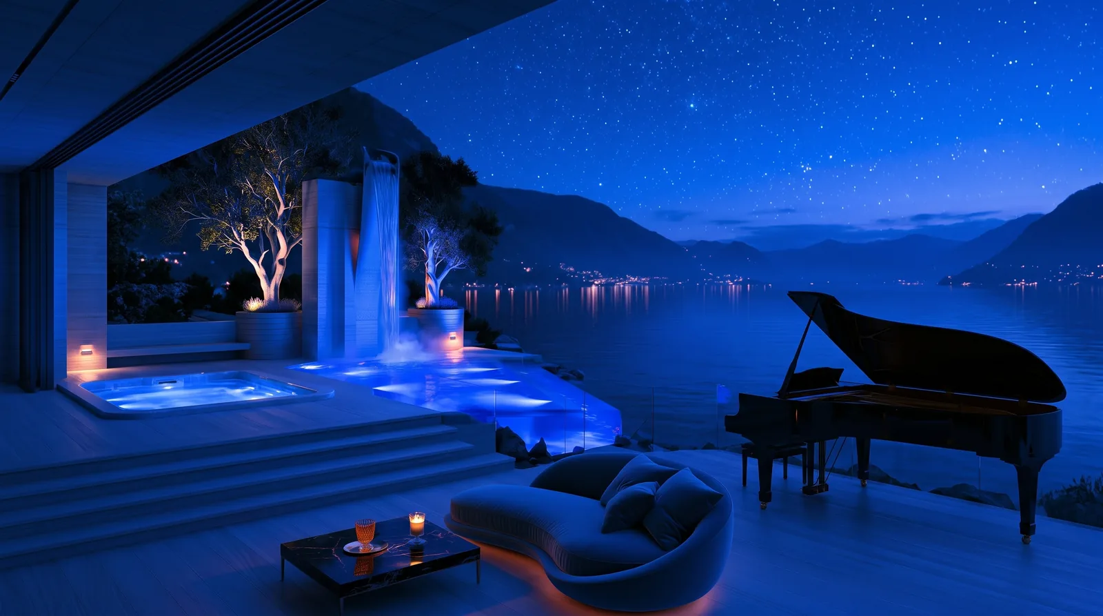 A moonlit lakeside terrace with a grand piano beneath a star-filled sky