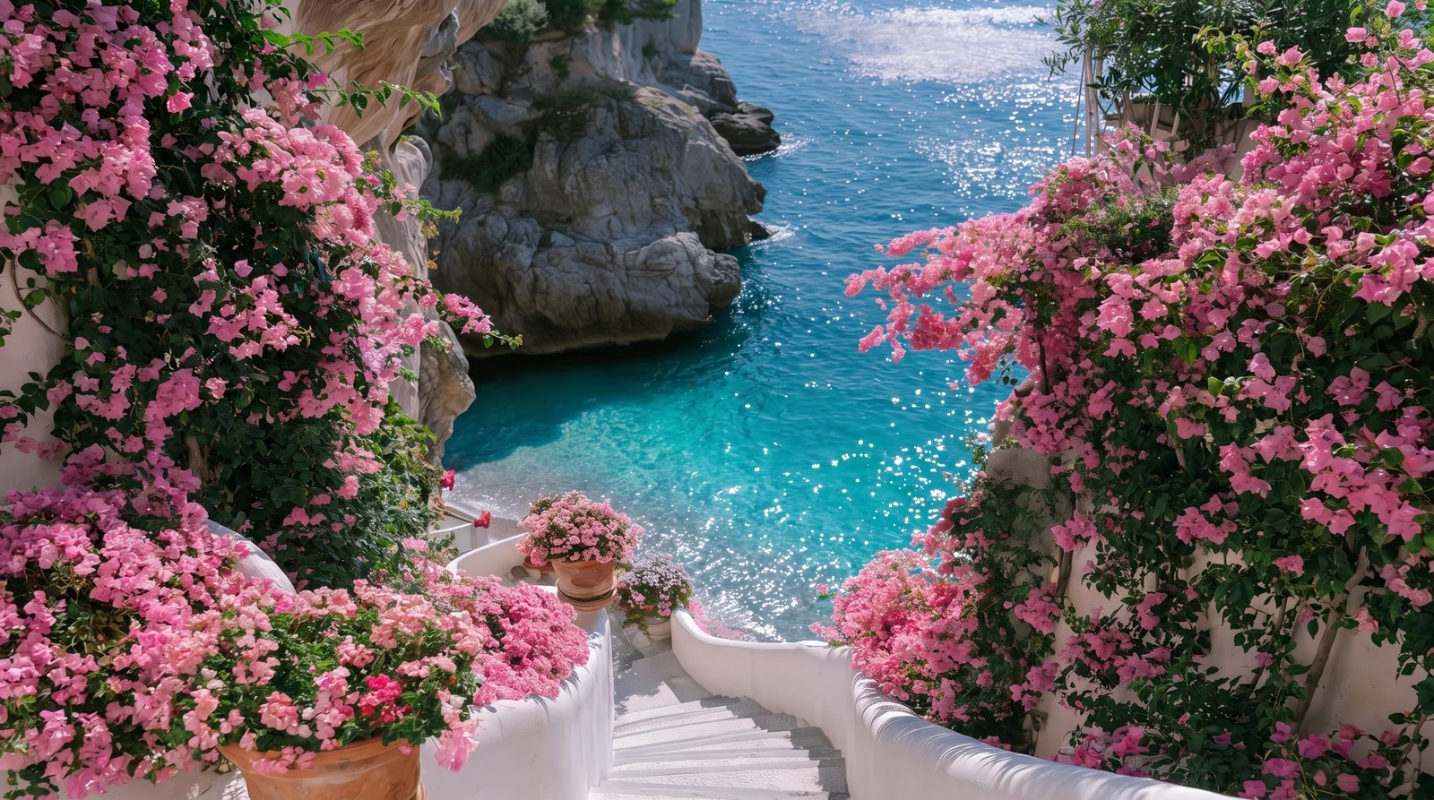 Pink bougainvillea framing white steps down to a turquoise sea