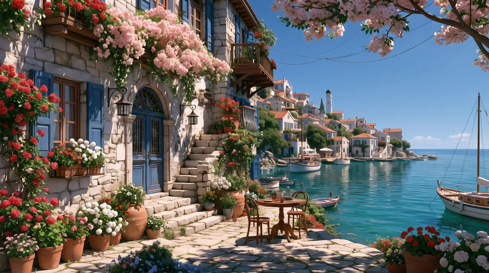 A sunlit flower-covered seaside village and quiet harbor