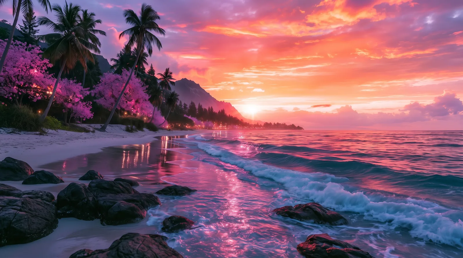 A vivid pink sunset over a tropical beach and softly breaking waves