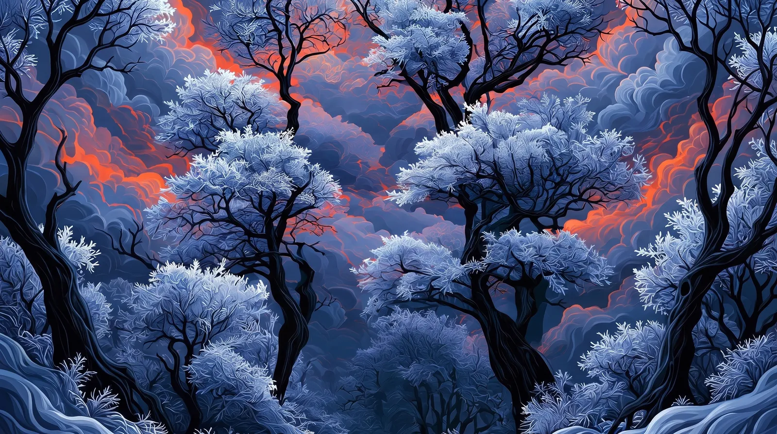 Snow-covered trees beneath an orange-lit winter sky