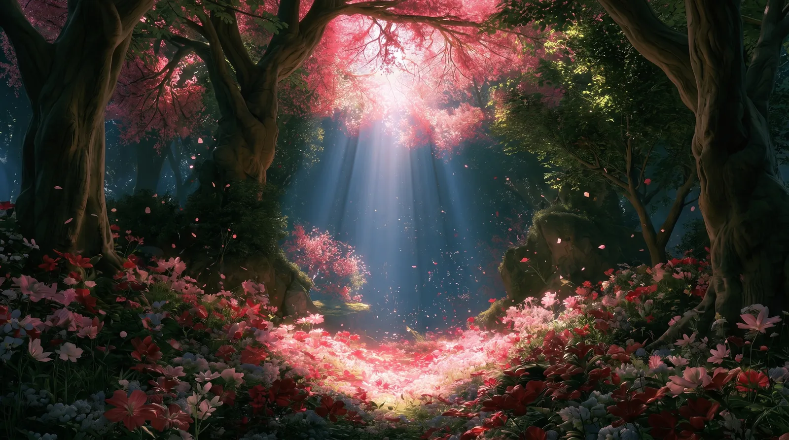 Sunlight falling into a flowering woodland clearing