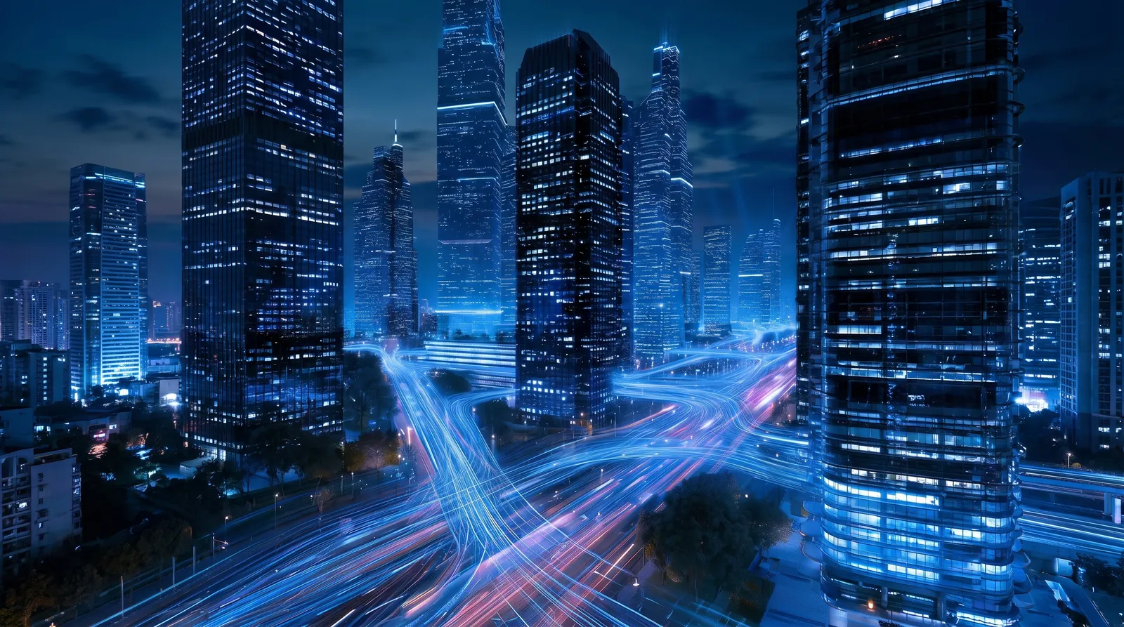 Blue city towers above flowing trails of light