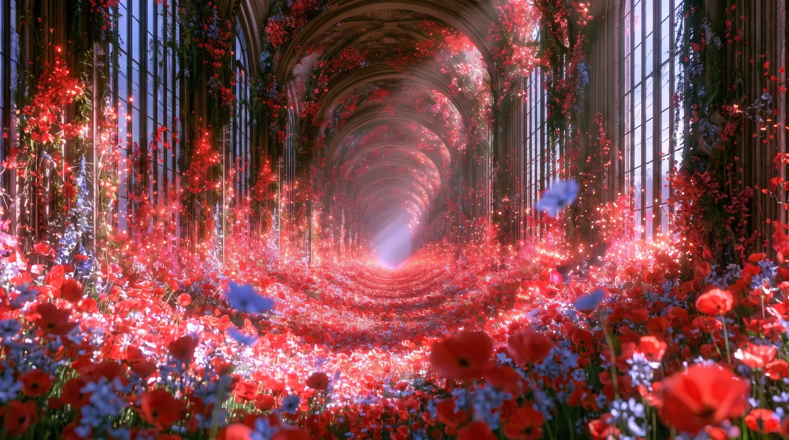 A red-flowered glass corridor opening into luminous haze