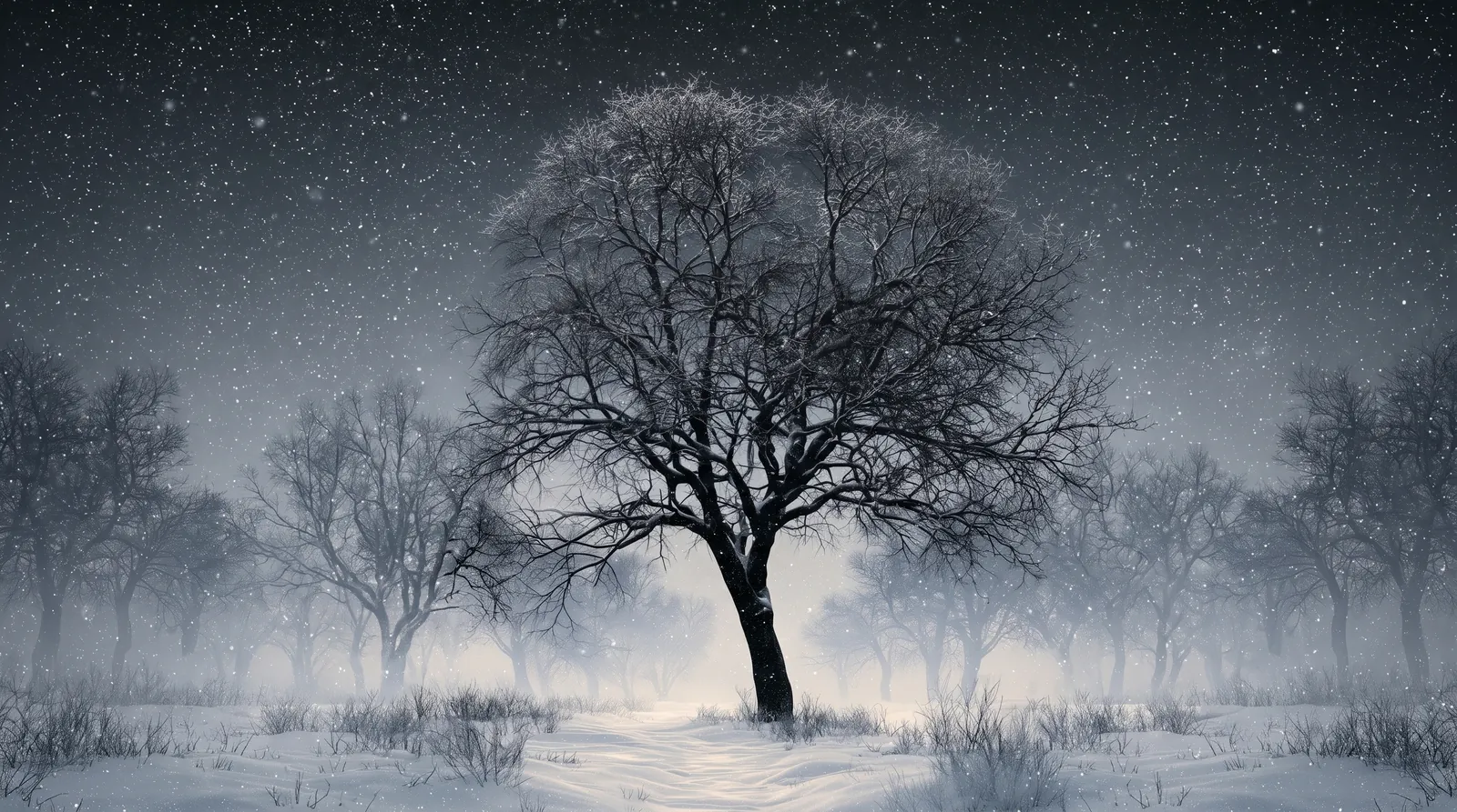 A bare tree beneath falling snow in a moonlit landscape
