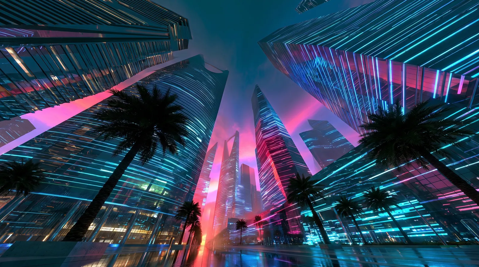 Neon-lit towers and palm trees beneath a violet night sky