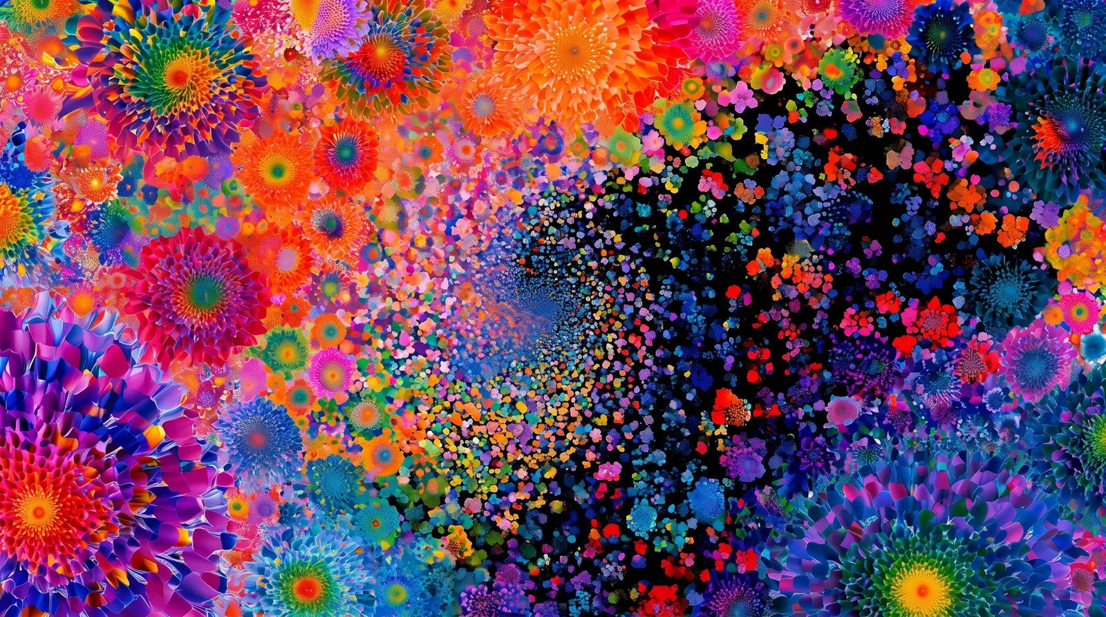 Bright orange and blue floral patterns overlapping in an intricate field
