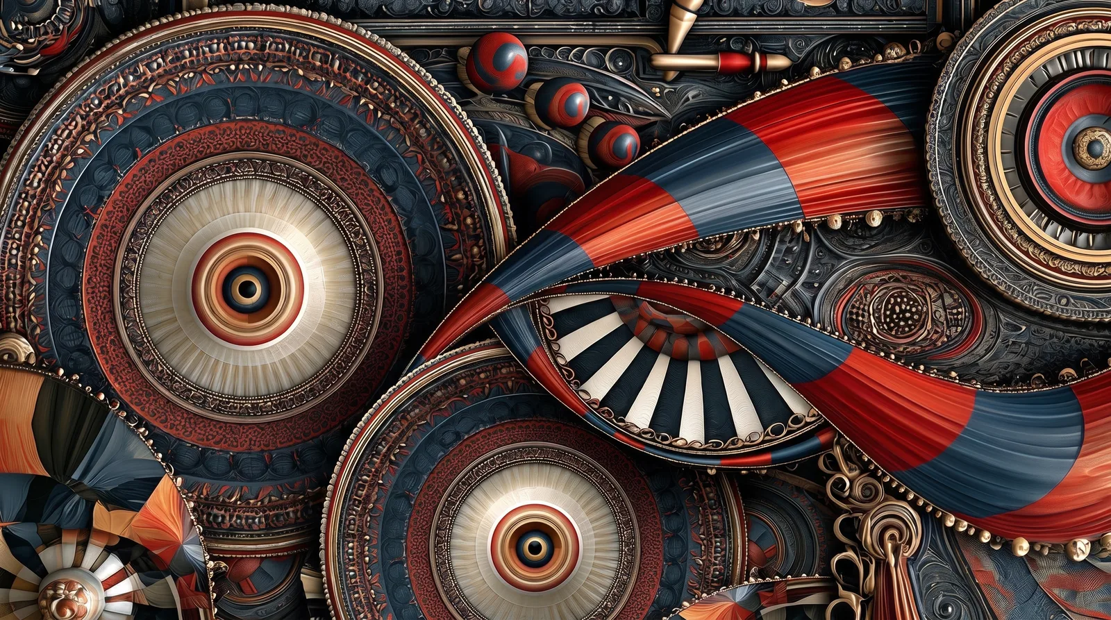Circular woven patterns interlaced with red and blue ribbons