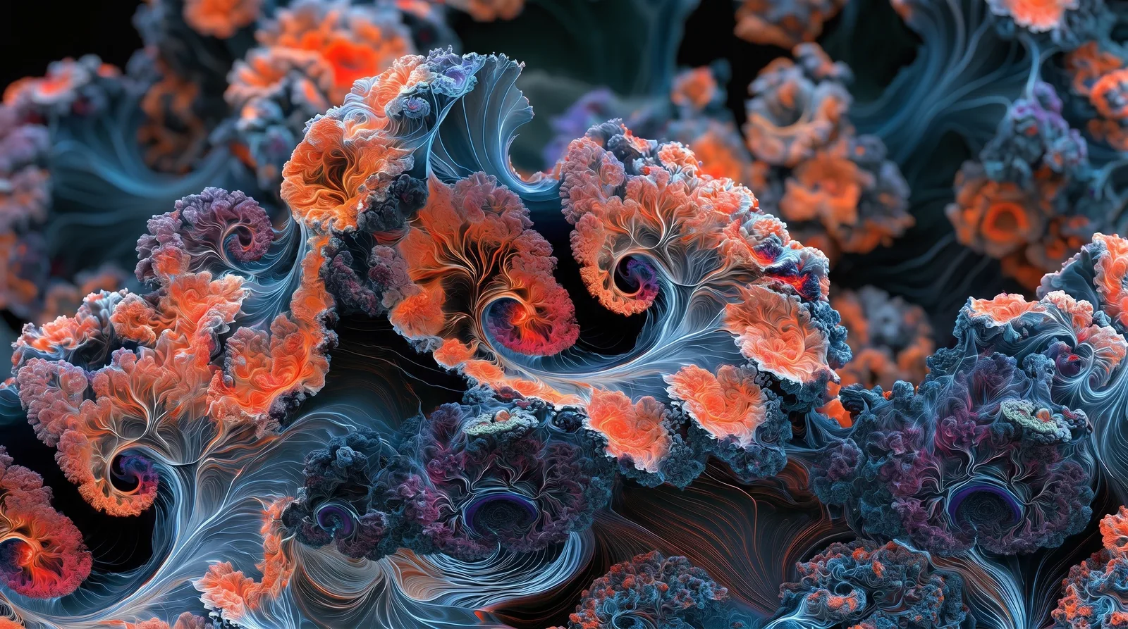 Orange and blue organic forms curling around one another