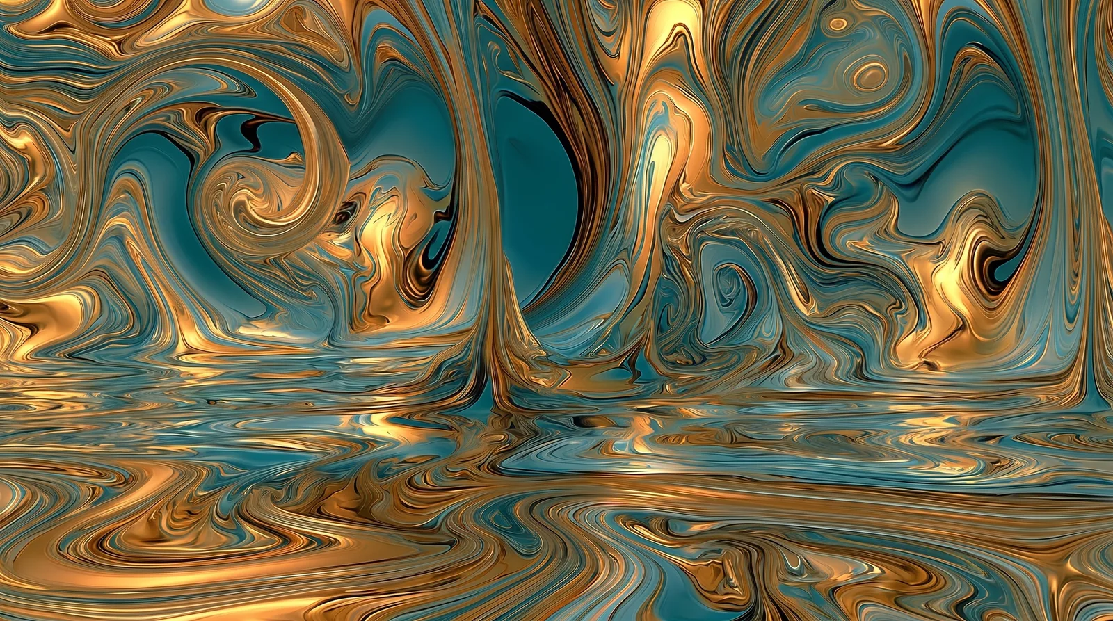Gold and teal currents folding together in a marbled pattern