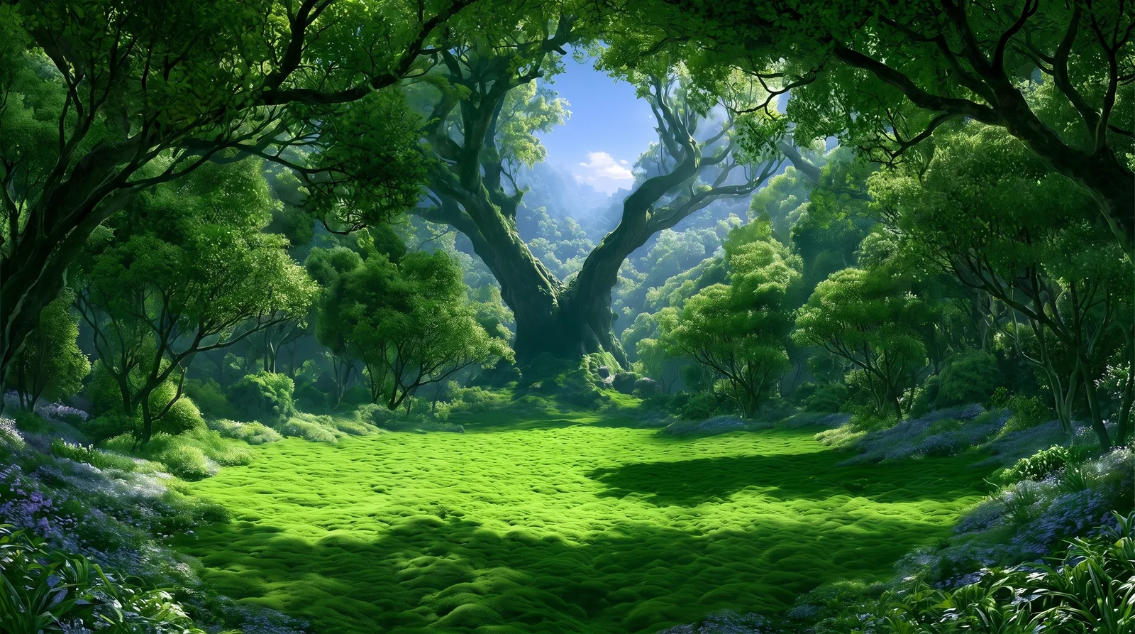 Sunlight filtering through green woodland around a branching tree