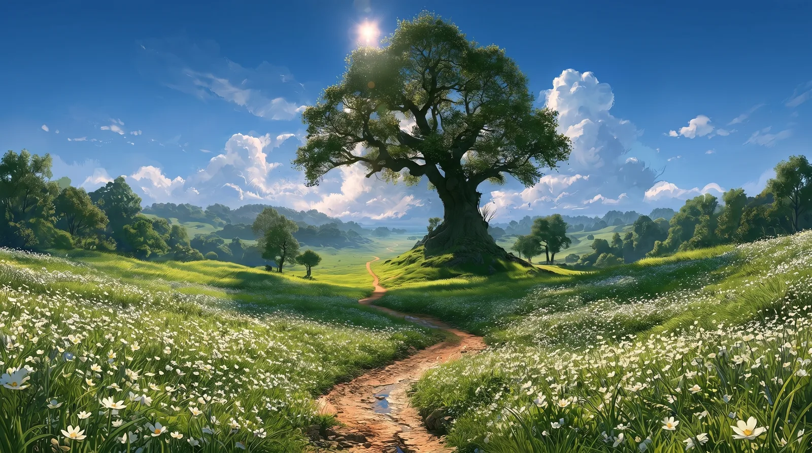 A winding path through a flower-filled meadow beneath a broad tree