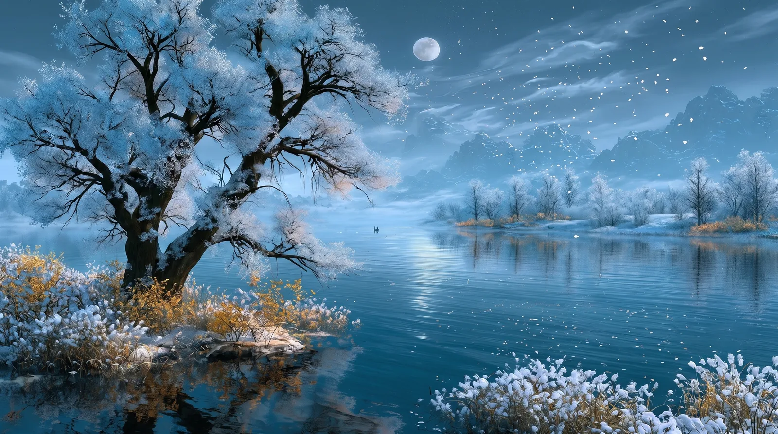 Frost-covered branches beside a blue winter lake