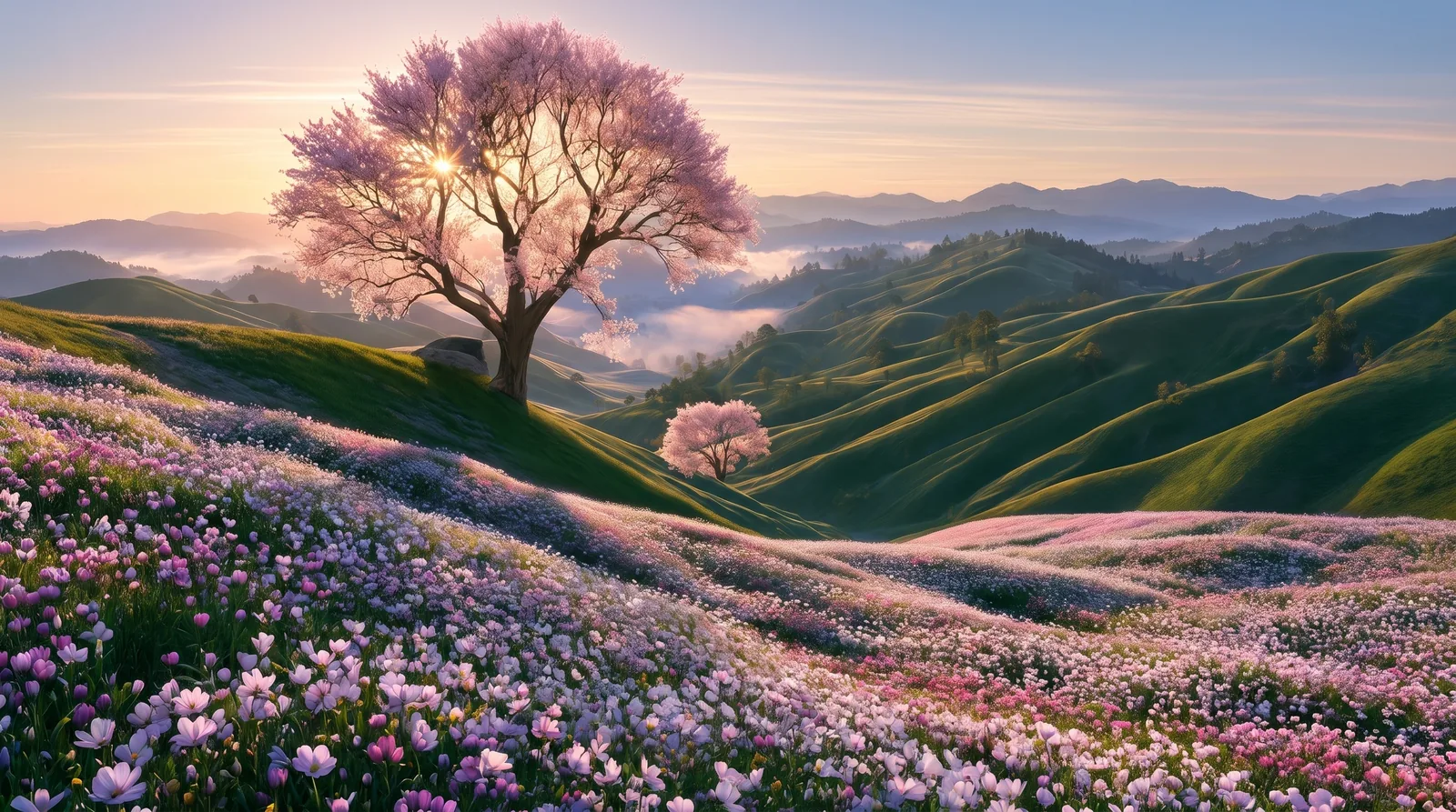 A flowering tree above rolling hills in warm sunset light