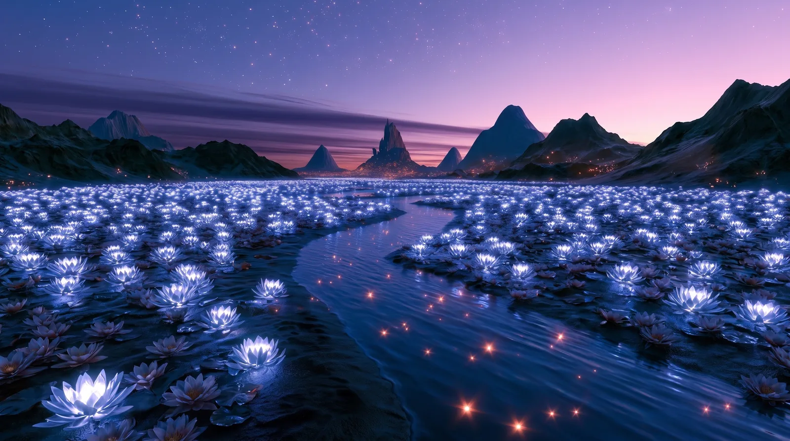 Glowing blue flowers beside a winding path at twilight